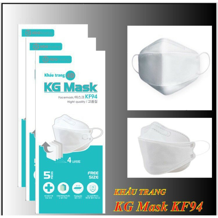 Khẩu trang y tế 4 lớp KG Mask KF94 kháng khuẩn túi 5 cái, loại bỏ bụi mịn, khói bụi độc hại