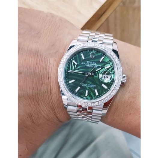Đồng hồ nam Rolex DateJust 40mm mặt lá cọ máy cơ nhật, viền đá, khung thép nguyên khối