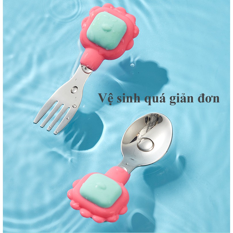 Thìa dĩa tập xúc cán ngắn INOX 316 cho bé Beedoll, muống nĩa cán ngắn silicone an toàn