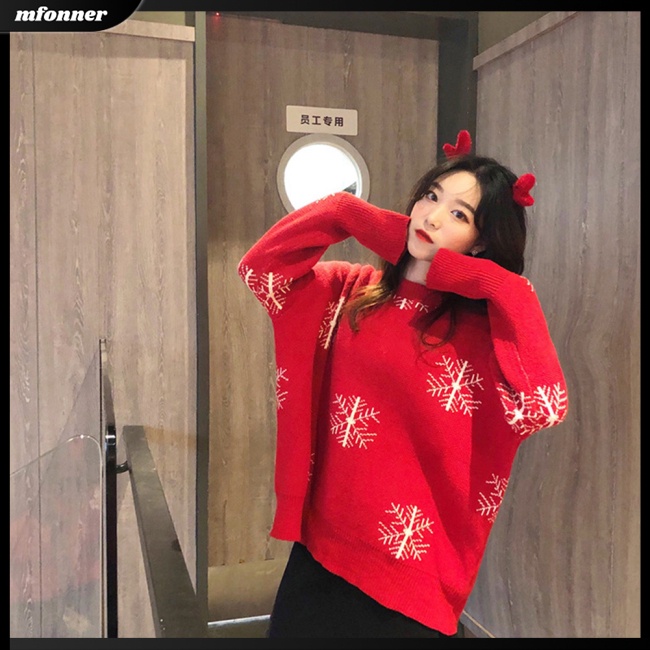 Áo Sweater Dệt Kim Tay Dài Cổ Tròn Dáng Rộng In Hoạt Hình Giáng Sinh Thời Trang Cho Nữ