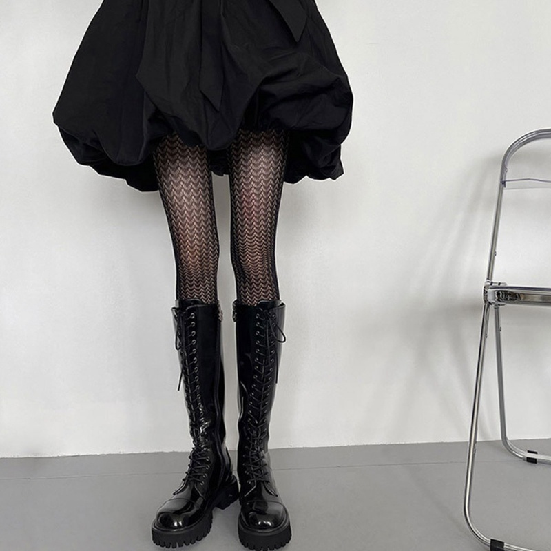 Youyo Quần Tất Lưới Họa Tiết Hình Học Rỗng Phong Cách Harajuku Goth Màu Đen Cho Nữ Có Sẵn