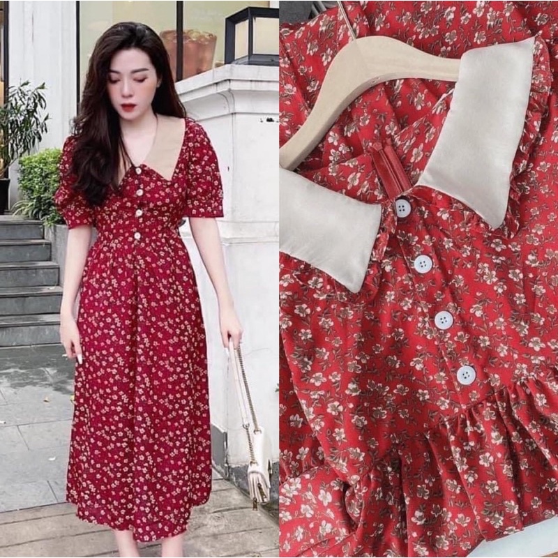 váy bầu hoa nhí ,đầm bầu cổ sơ mi chất thô mềm mịn phong cách vintage💚 TkuTrang 💚