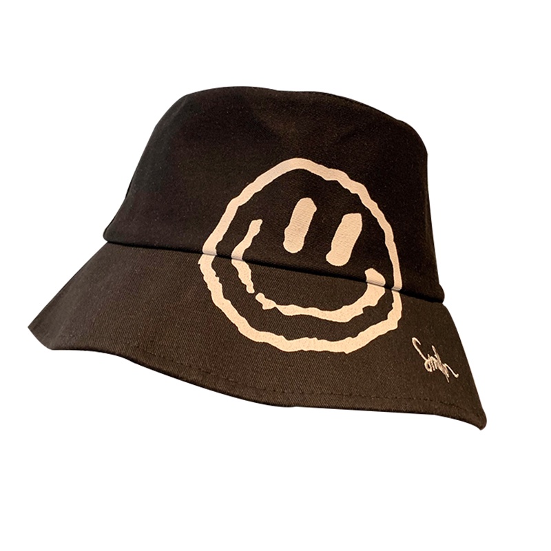 Nón Bucket Màu Đen In Họa Tiết Mặt Cười Phong Cách Nhật Bản Thời Trang Xuân Hè Độc Đáo Cho Nữ