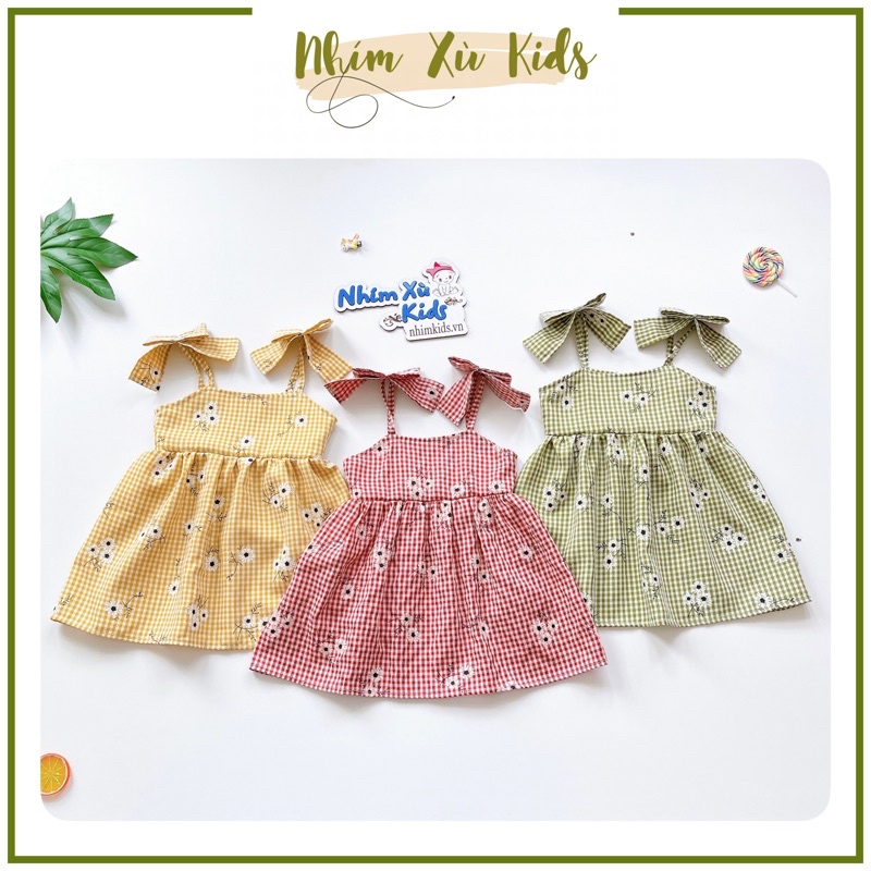 Váy 2 Dây Nơ Caro Hoa Bé Gái 4 Đến 28kg, Đầm Bé Gái Chất Thô Nhật Mềm Mướt [V070]