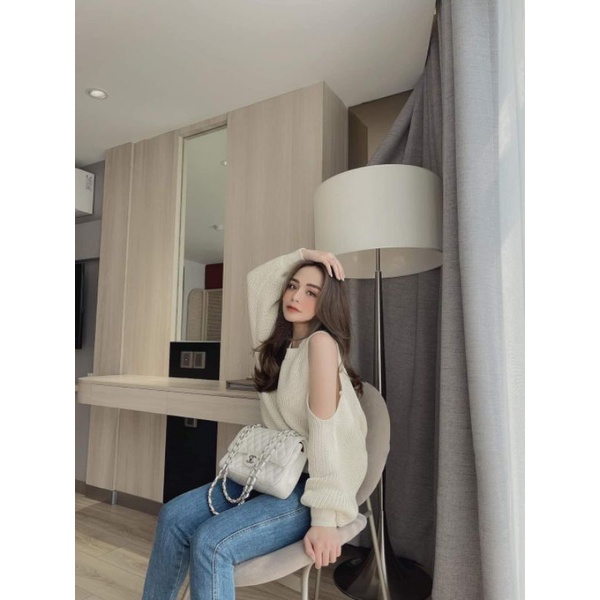 Áo Len Nữ Ms.5808 Áo Len Thiết Kế Khoét Lệch Vai Trẻ Trung Cá Tính, Tay Cánh Rời, Dáng Ngắn Chất Len Đan