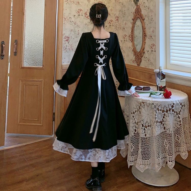 Đầm phối ren phong cách vintage Pháp thời trang mùa thu cho nữ