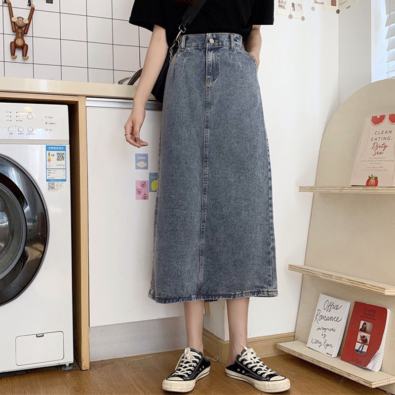 Chân Váy Bò Dài Chữ A lưng cao xẻ tà phong cách Retro Hàn Quốc