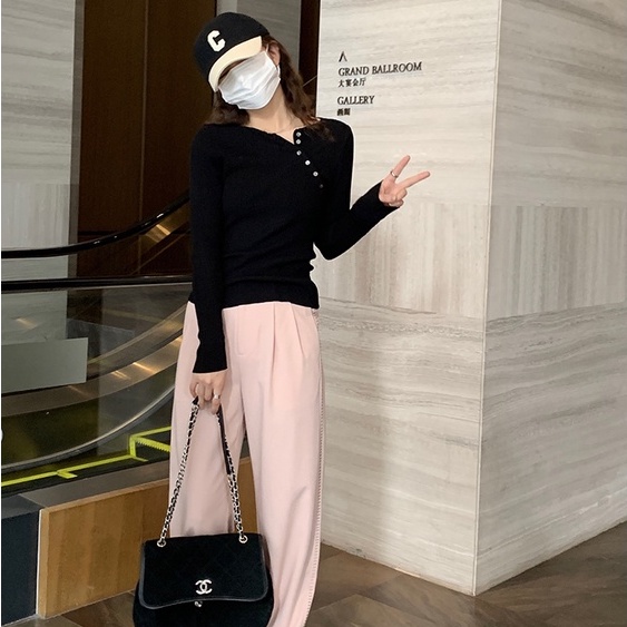 【ZHELIHANGFEI】Áo Thun Dệt Kim Tay Dài Dáng Ôm Phối Nút Chéo Dễ Phối Đồ