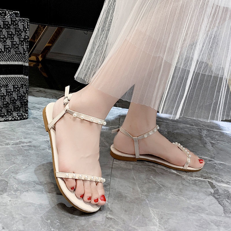 Giày sandal đế bệt hở ngón đính ngọc trai nhân tạo phong cách Hàn Quốc thời trang mùa hè 2021