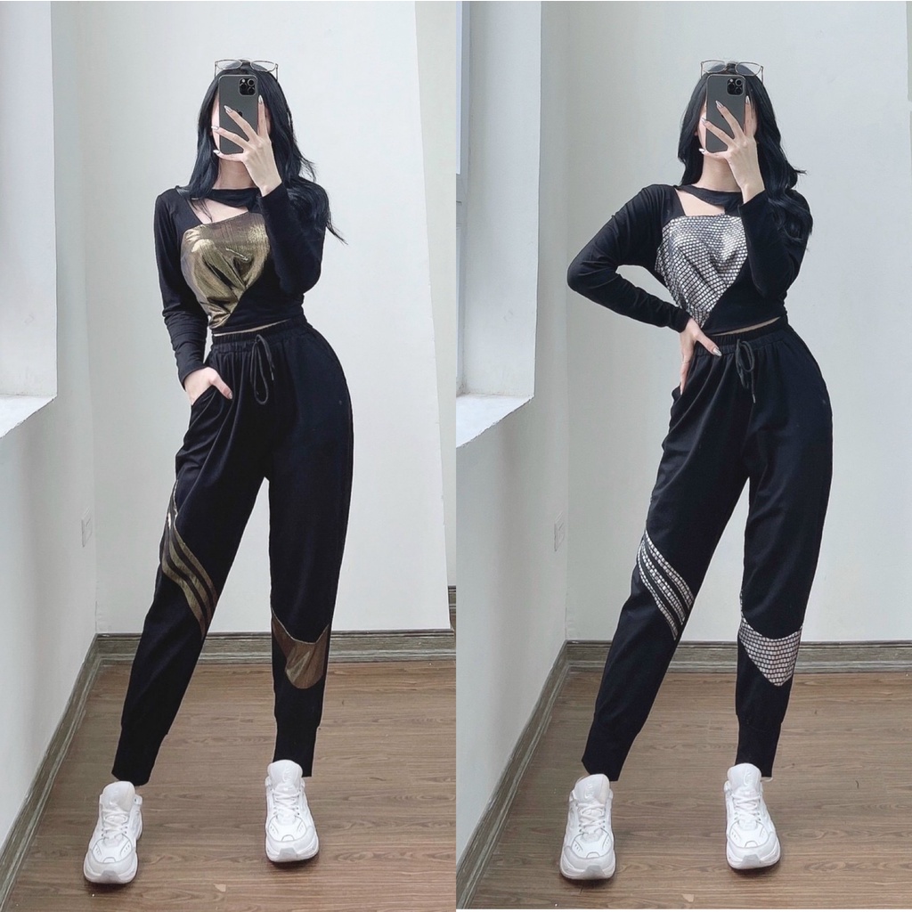 Set Thể Thao Nữ Gồm Áo Thun Nữ Thu Croptop Đông Quần Joggers Thụng Cá Tính Ảnh Chụp Thật Choe