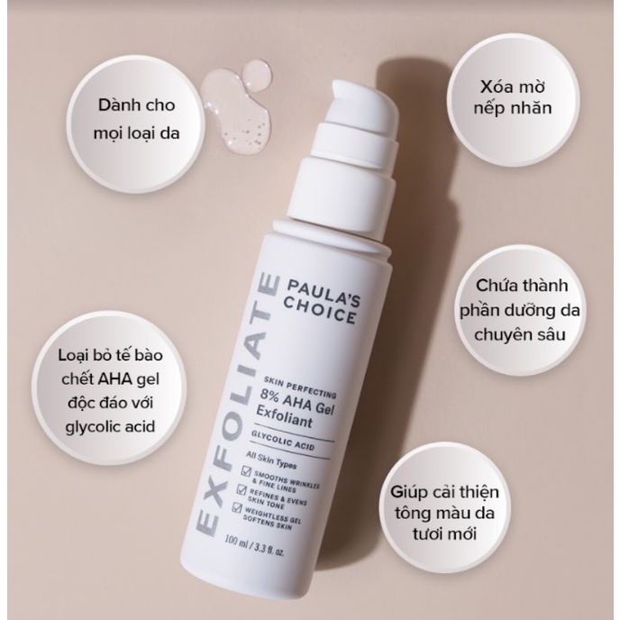 Gel tẩy da chết 8% AHA Paula's Choice Skin Perfecting Exfoliant 100ml [NHẬP KHẨU CHÍNH HÃNG 100%]