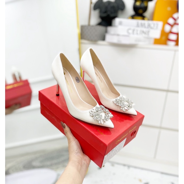 Giày cao gót nữ trắng đá