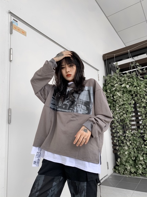 Áo sweater nỉ layer vạt trắng