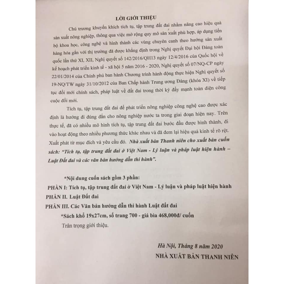 Sách - Tích tụ, tập trung đất đai ở Việt Nam Lý luận và pháp luật hiện hành- luật đất đai và văn bản hướng dẫn thi hành | WebRaoVat - webraovat.net.vn