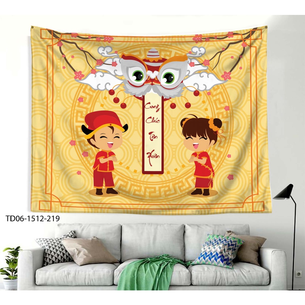 Tranh vải in 3D treo tường trang trí TẾT, decor CHÚC MỪNG NĂM MỚI, HAPPY NEWYEAR, [ tặng móc treo, miếng dán định vị]