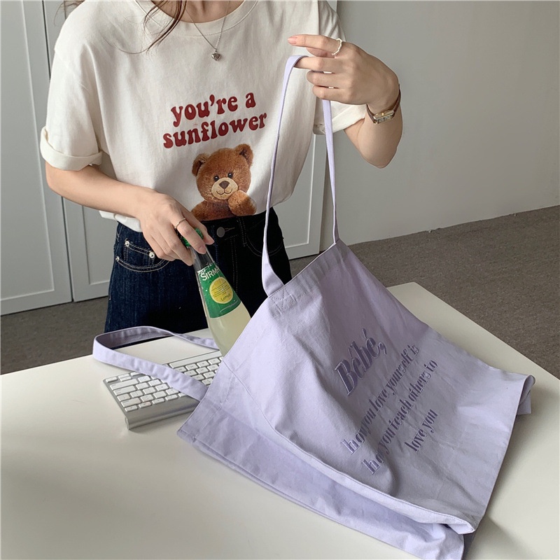 Túi vải canvas đeo vai thêu chữ màu macaron thời trang cho nữ