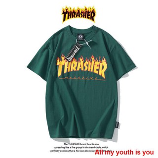 [Spot] Tide brand thrasher flame short-sleeved cotton men and women loose couple students all-match half-sleeved bottoming T-shirt