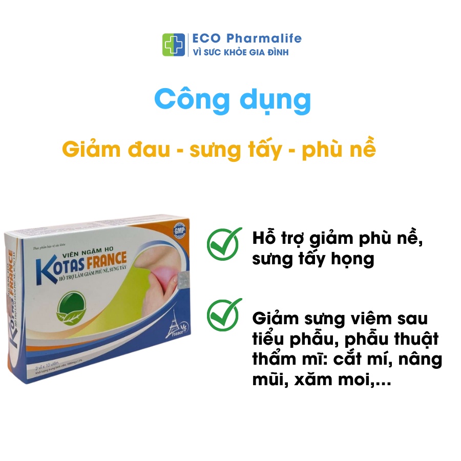 Viên ngậm hỗ trợ giảm đau họng, sưng tấy sau phẫu thuật Kotas France - Hộp 20 viên