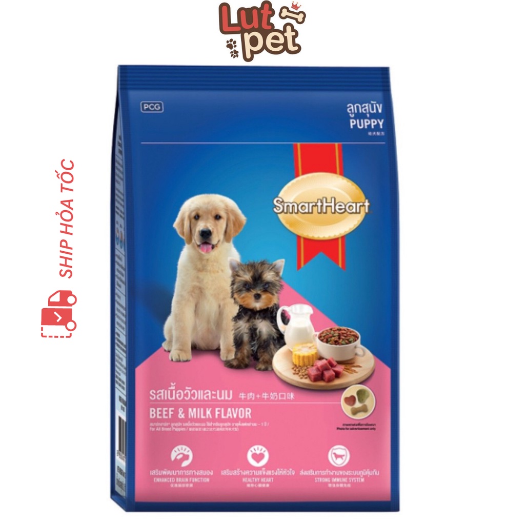 Thức ăn hạt cho chó Smartheart puppy hạt khô cho chó nhỏ 400gr (vị thịt Bò &amp; Sữa) - lutpet