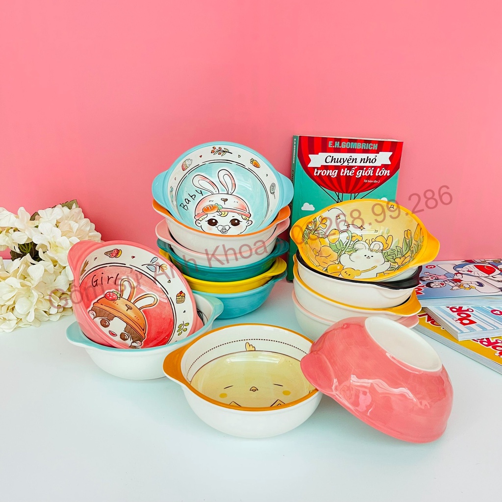 Bát ăn cơm gốm sứ 🌸 Con Trai & Con Gái🌸 bát sứ, ăn dặm có tay cầm decor dễ thương