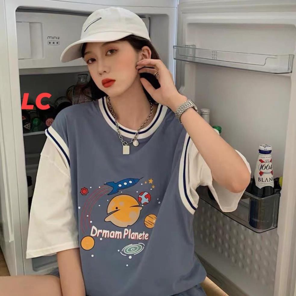 Áo thun tay lỡ phối tanktop kiểu áo bóng rổ unisex nam nữ form rộng PLANETE basic tee oversize 2 màu xanh đen siêu hot ་