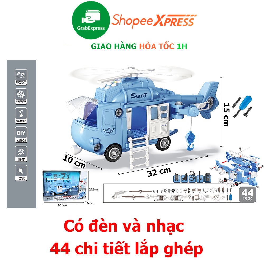 ▼Đồ chơi lắp ghép máy bay trực thăng có nhạc và đèn cỡ lớn tháo rời được các chi tiết - màu xanh