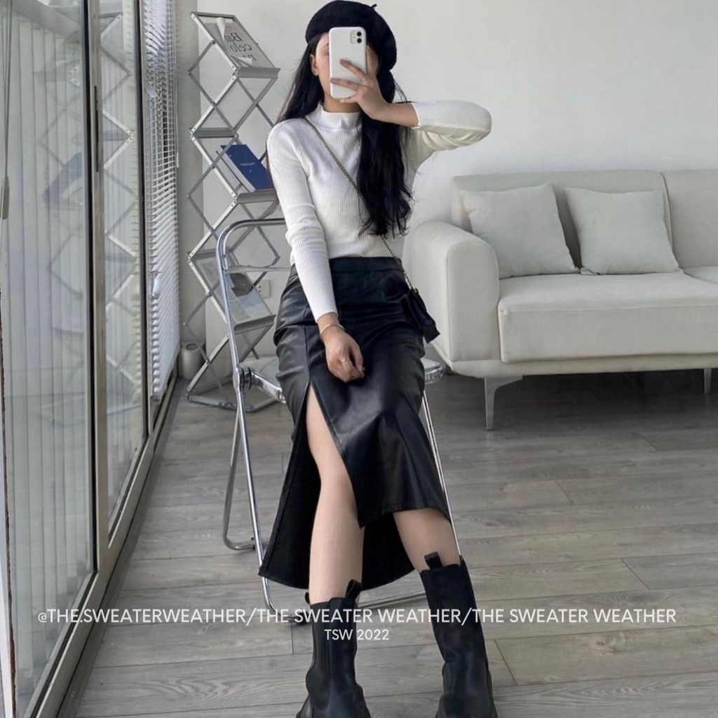 Chân váy da đen xẻ tà lệch siêu TRENDY A9001N Nhung Nhớ