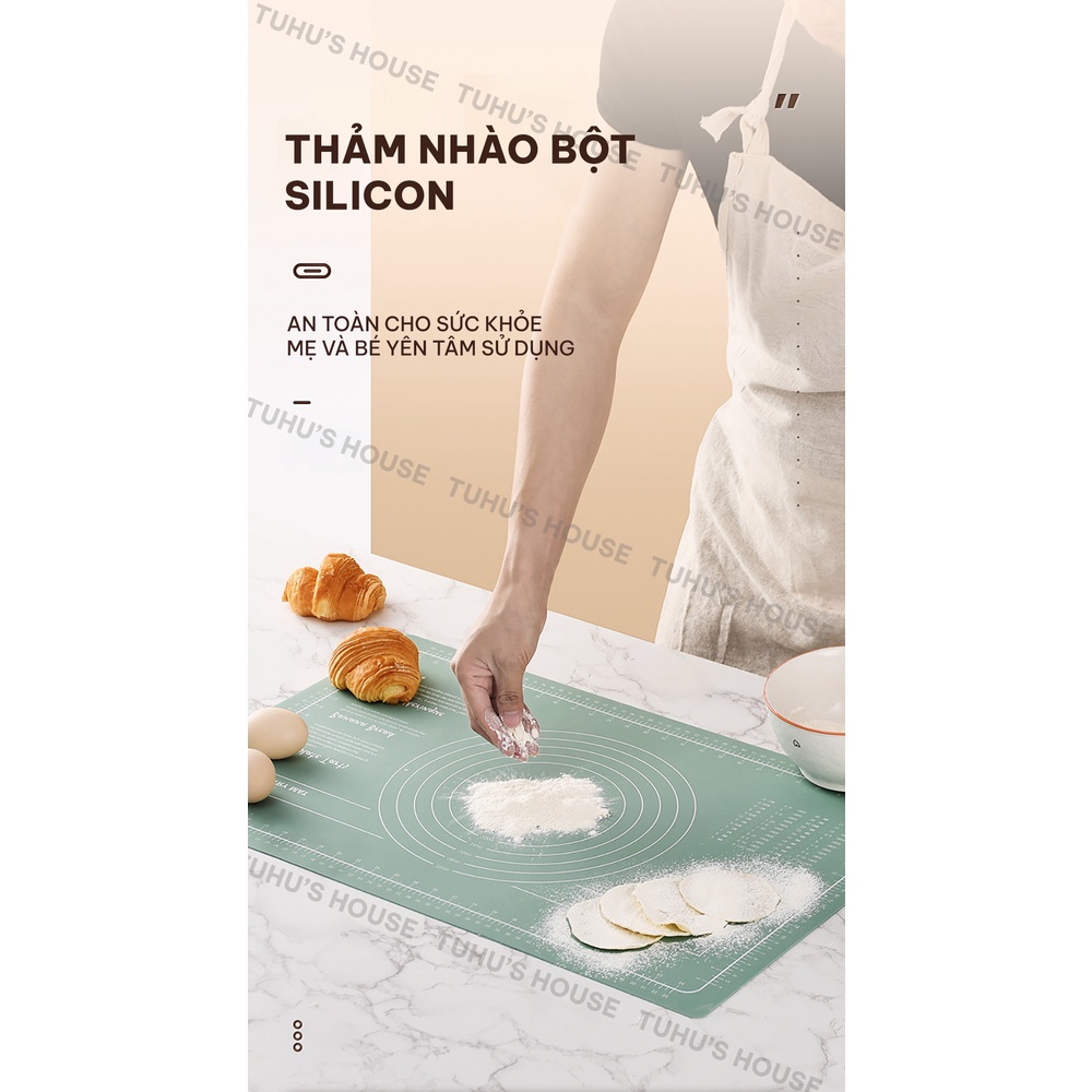 Dụng cụ làm bánh silicon, bộ dụng cụ nhà bếp gồm thảm nhào bột, cây cán lăn bột, dao cắt bột silicone - TUHUHOUSE