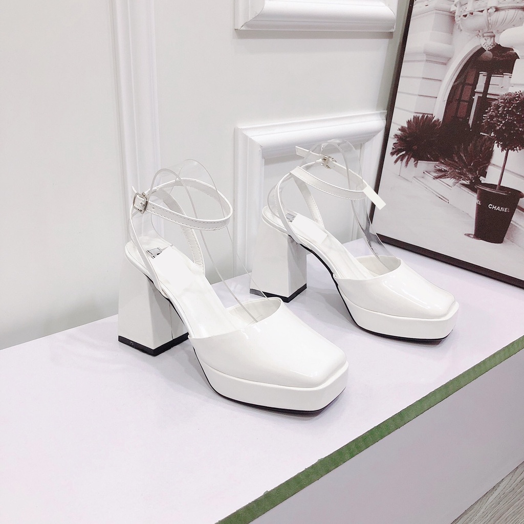 Sandal Cao Gót 9p Mũi Đúp 2p Hàng Cao Cấp Chất Da Bóng Mềm Chuẩn Form  -  2 Màu Đen Trắng Chị Chảnh Store