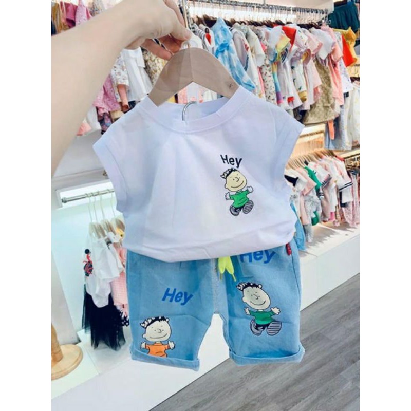 Set áo pull tay hến quần jean bé trai 10-14kg