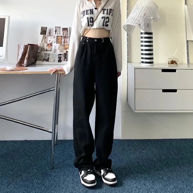 Quần Jeans Nam Nữ  Màu Đen Trắng Xanh Cạp Khuy Điều Chỉnh Eo Basic Hách Eo Hách Dáng Cạp Cao Ống Suông Loại 1