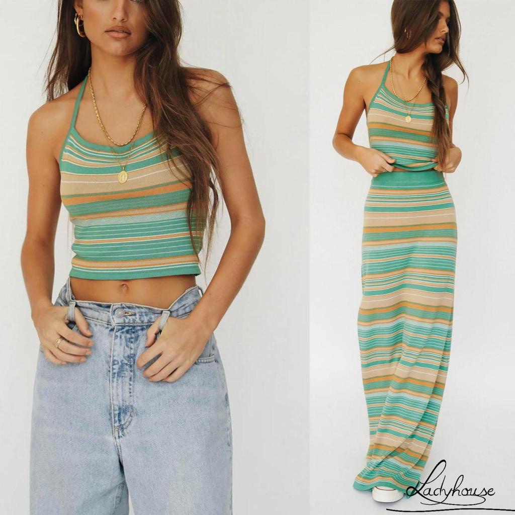 Bộ Trang Phục 2 Mảnh Gồm Áo Croptop Hai Dây Và Chân Váy Maxi Họa Tiết Kẻ Sọc Gợi Cảm Cho Nữ