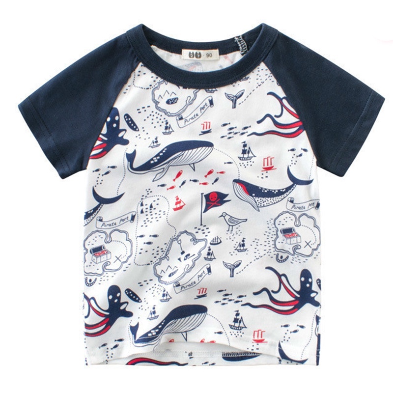 Áo Thun Cotton Tay Ngắn In Cá Mập Hoạt Hình Thời Trang Mùa Hè 3 Màu Dành Cho Trẻ Em