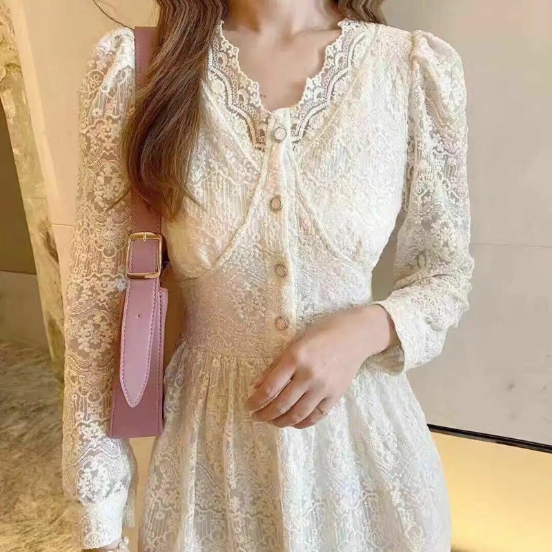 Váy ren cổ v dáng dài vintage / váy ren tiểu thư