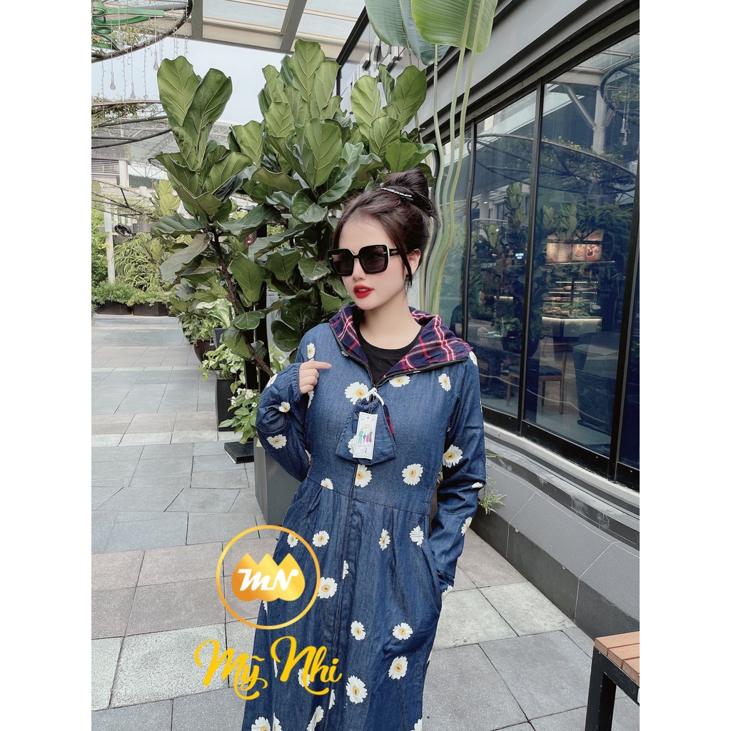 Áo chống nắng toàn thân nữ vải bò Jean 2 lớp màu xanh có hoa dài kín chân - ao chong nang toan than nu vai bo 2 lop