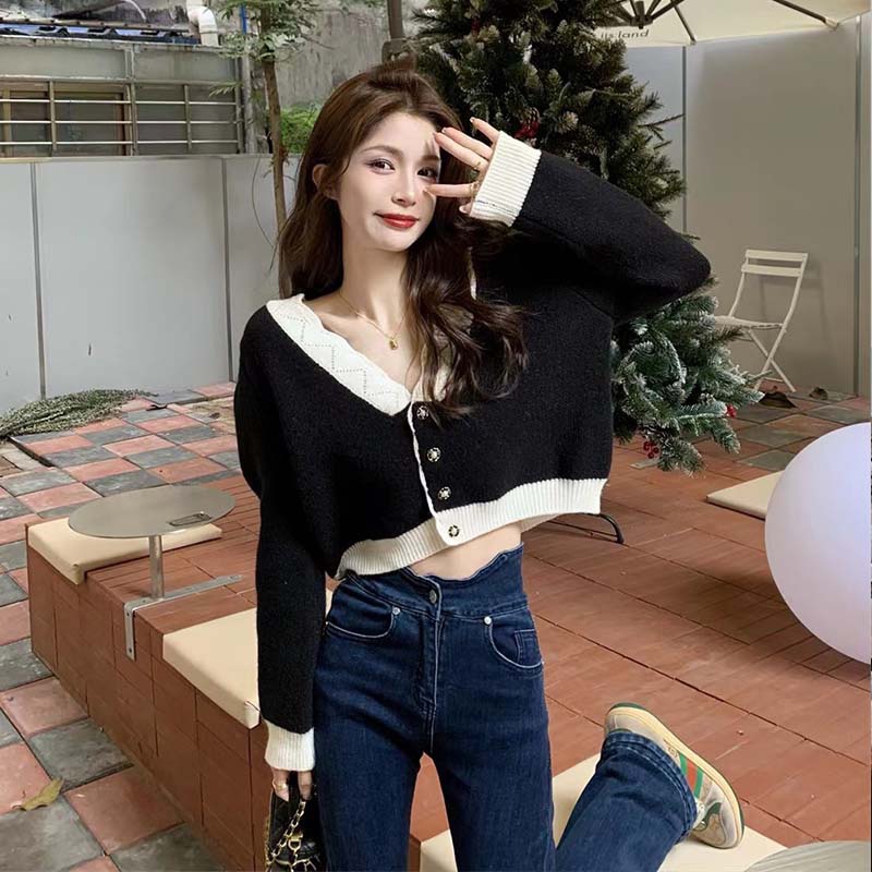 Áo cardigan ZHELIHANGFEI dệt kim tay dài cổ bẻ lưng cao thiết kế thanh lịch dành cho nữ