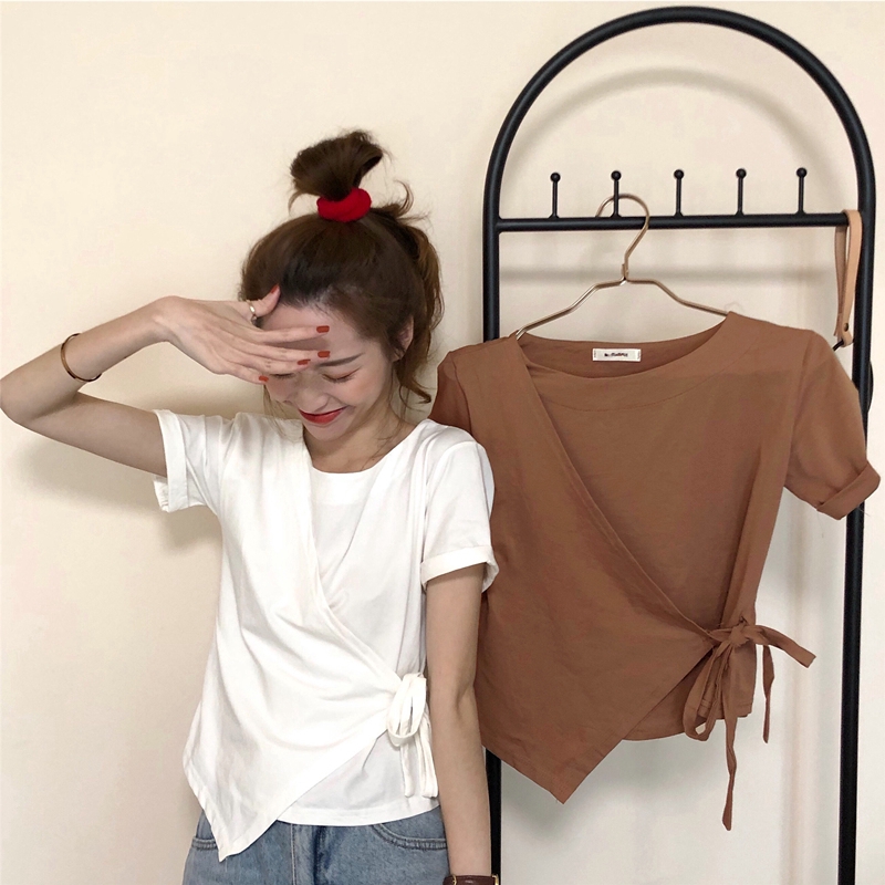 SUXI Áo thun tay ngắn màu trơn độc đáo thời trang cho nữ