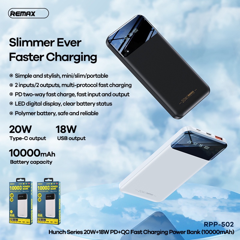 Pin dự phòng sạc nhanh Remax RPP-502 10000mAh siêu mỏng - hỗ trợ QC 18W và PD 20W (2 màu tuỳ chọn) Nhất Tín Computer