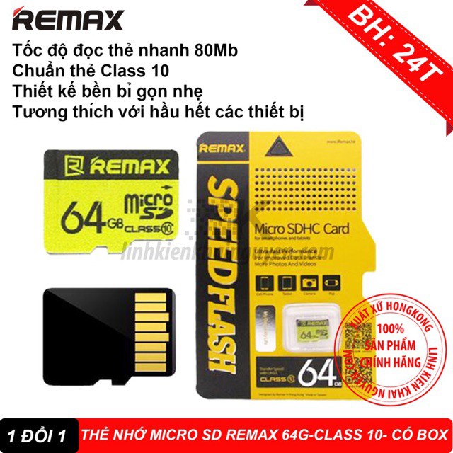 THẺ NHỚ MICRO SD REMAX 64G - CLASS 10 - CÓ BOX - HÃNG PHÂN PHỐI CHÍNH THỨC | BigBuy360 - bigbuy360.vn