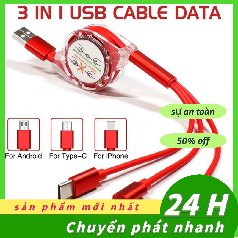 Dây cáp sạc nhanh SC 3 trong 1 tiện dụng cao cấp có thể rút gọn