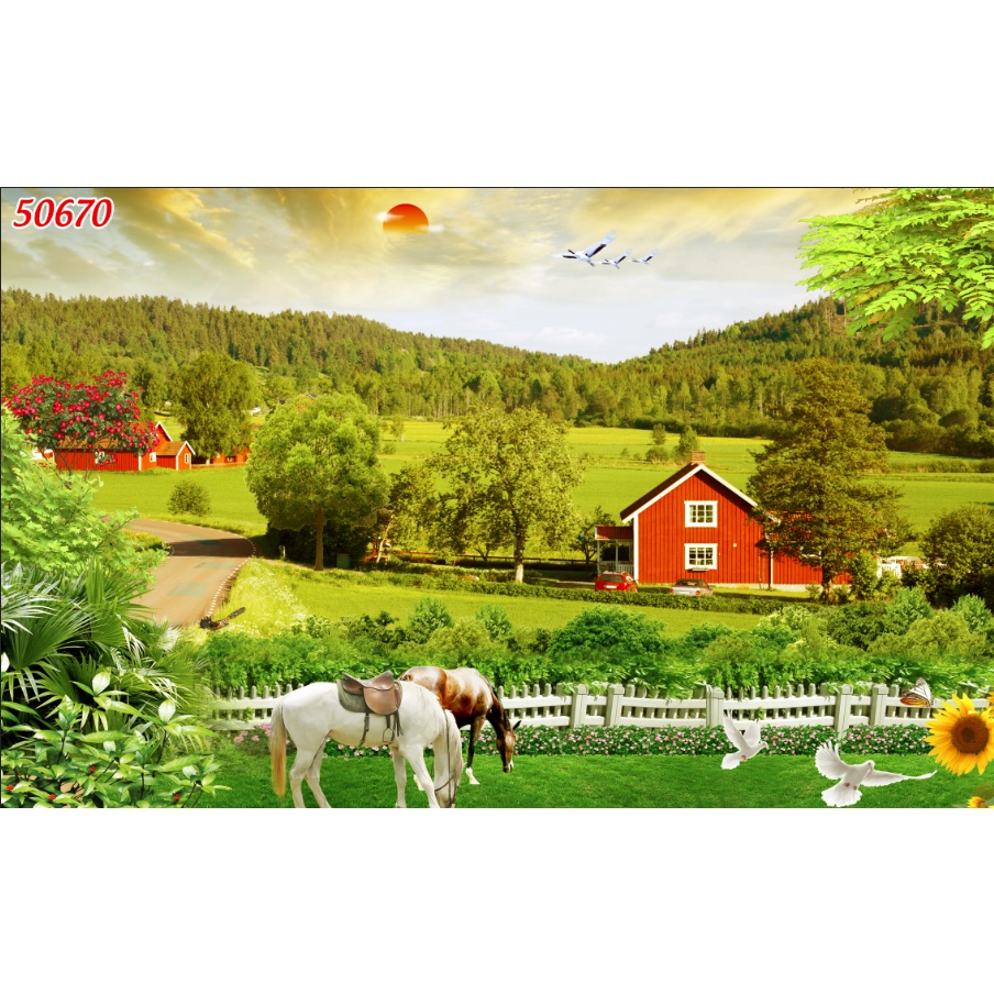 Tranh dán tường 3D cảnh rừng cây hùng vỹ, phong cảnh vùng quê