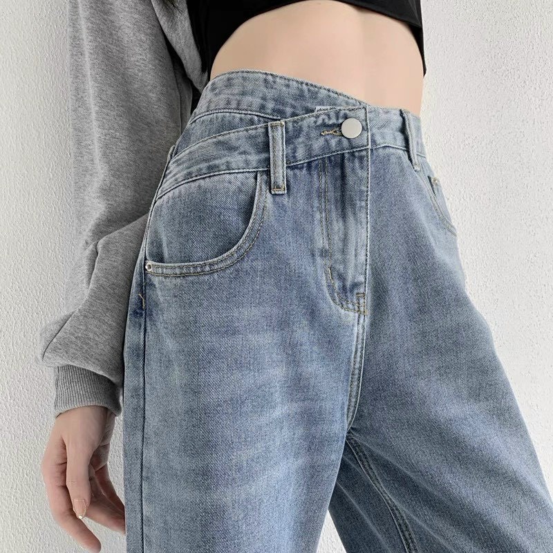 quần jean nữ ống rộng thiết kế cạp cao khuy lệch cá tính