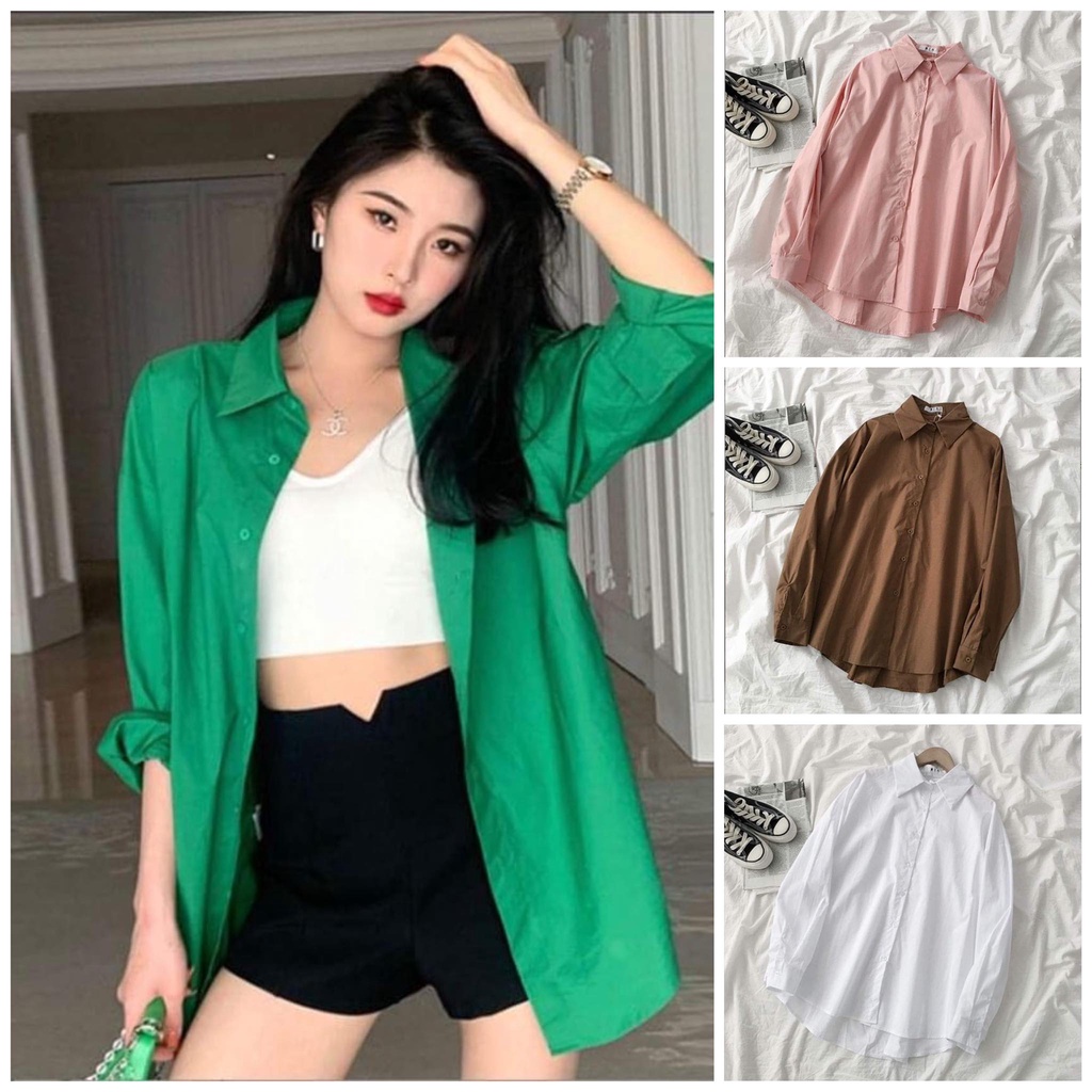 Áo Sơ Mi Nữ From Rộng Tay Dài Màu Trendy Phong Cách Hàn Quốc