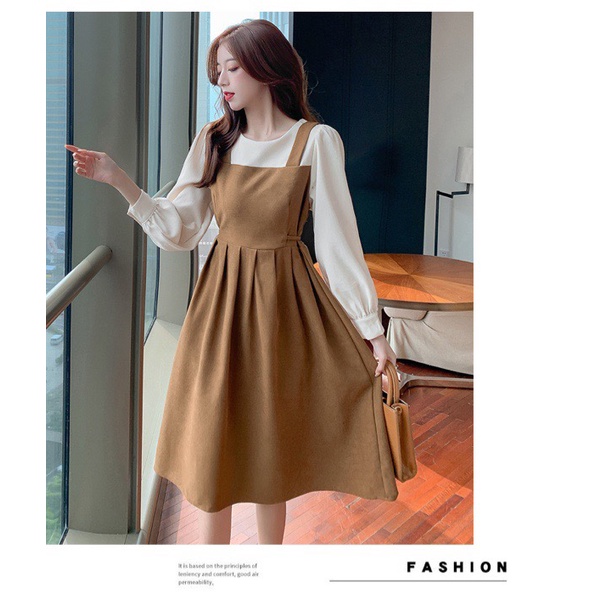Váy yếm nhung liền áo sơ mi trẻ trung đáng iu quá!