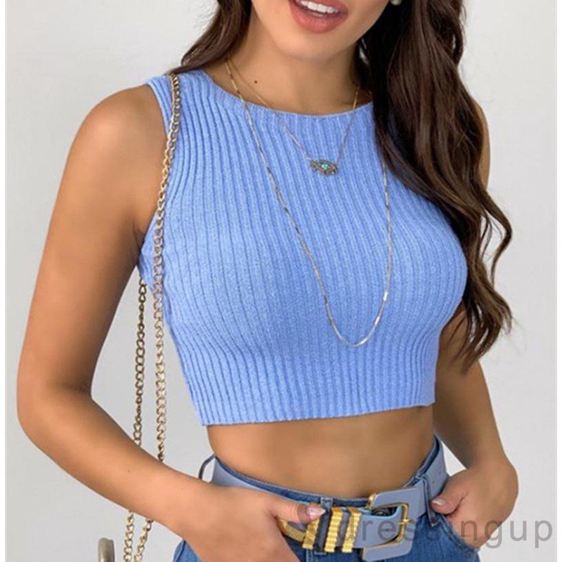 Áo Dệt Kim Sát Nách Cổ Tròn Màu Sắc Đơn Giản Cho Nữ