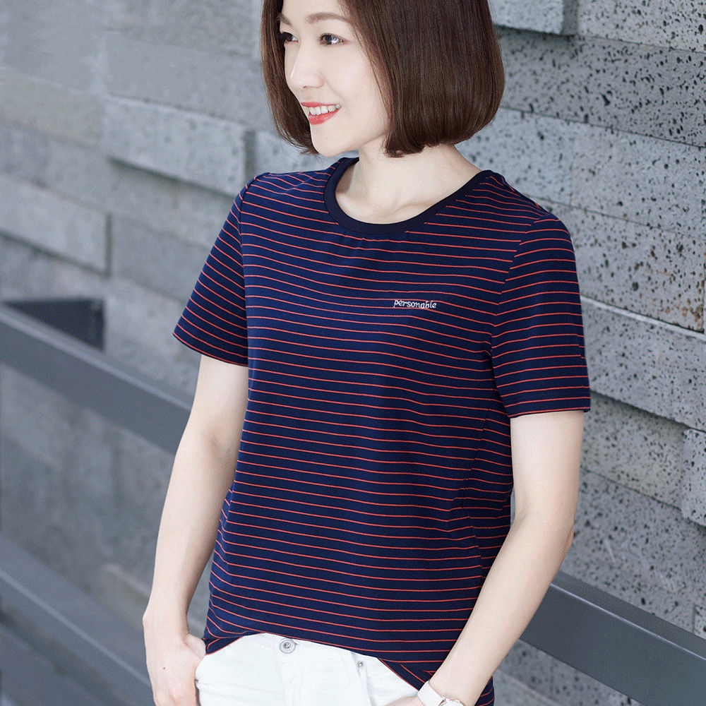 Áo thun tay ngắn họa tiết kẻ sọc plus size cho phụ nữ trung niên