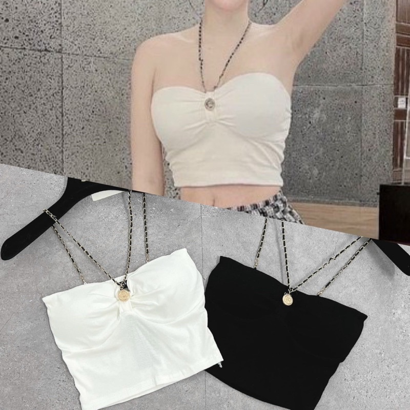 Có mút ngực Áo Yếm Croptop Dây Phối Xích Cúp Bo Tròn Mút Ngực alohashop91