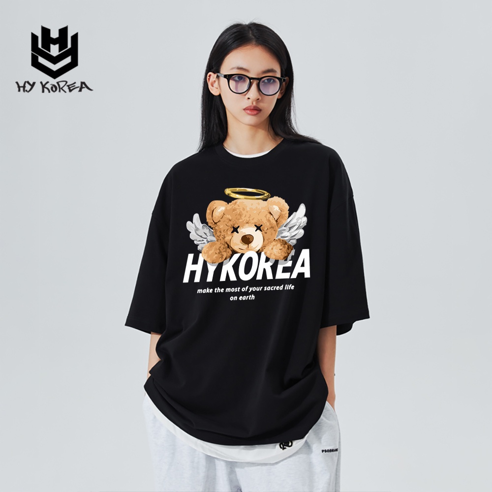 Áo Thun Nam Nữ HY Korea Form Rộng Cotton 100 In Hình Gấu Angle 567.