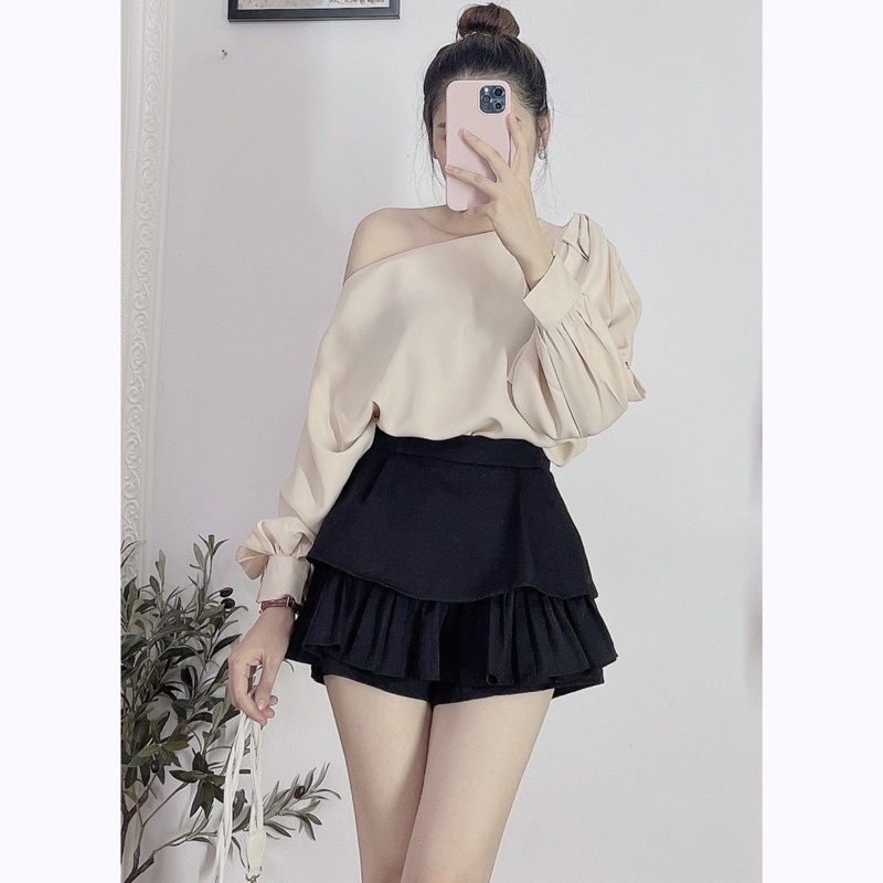 Áo sơmi lệch vai 2 màu trắng và be - Áo sơ mi nữ công sở lịch sự