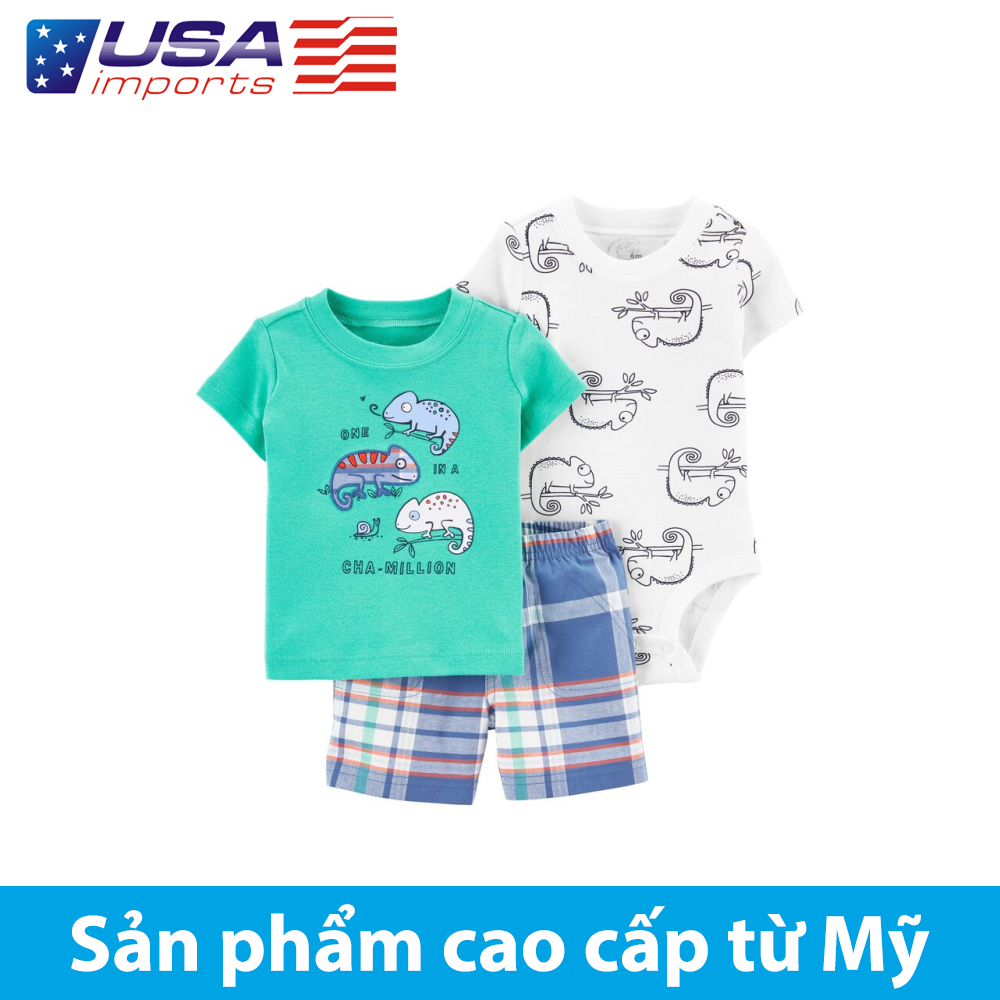 Set 3 món áo xanh thêu kèm quần short kaki Car-tờ Auth Từ Mỹ (1K445010)